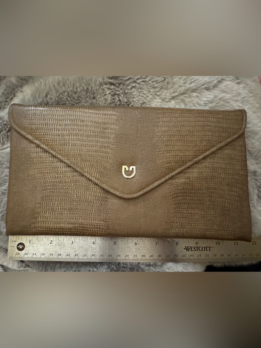 Vintage 70s Stocko Taupe Faux Lizard Skin Envelope Clutch Bag